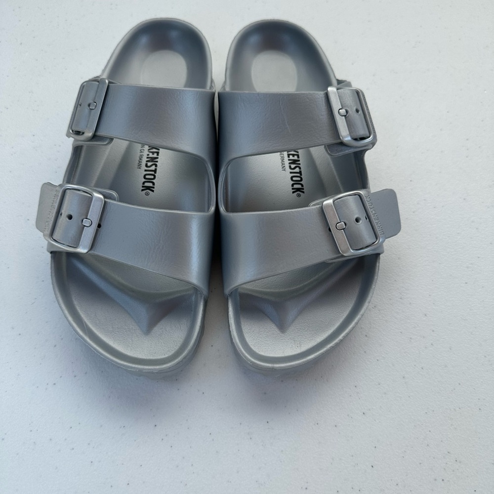 Birkenstock Silver Sandals with Adjustable Straps and Molded Footbed
